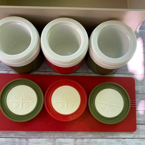 Vintage Thermos Insulated Jars #1155/3 Red Green Picnic Slide Lid Container - Picture 5 of 12